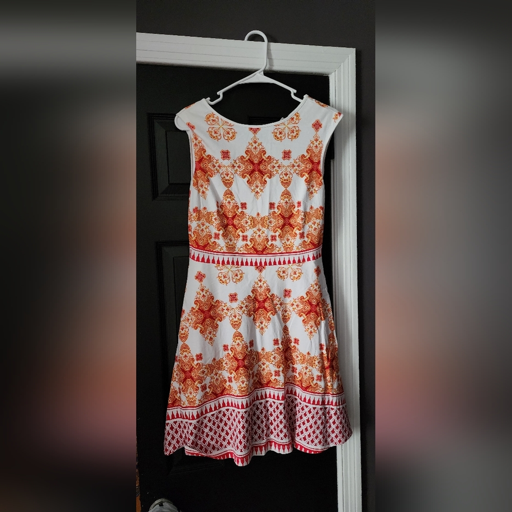 New York & Company Orange and White Fit and Flare Midi Dress